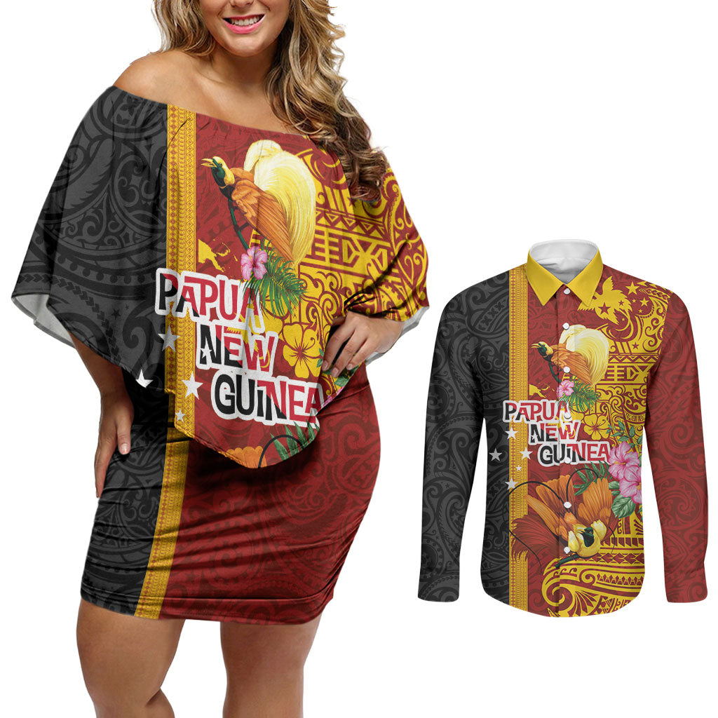 Papua New Guinea Independence Day Couples Matching Off Shoulder Short Dress and Long Sleeve Button Shirt Birds-of-Paradise Melanesian Tattoos Tropical Plants LT03 Multicolor - Polynesian Pride