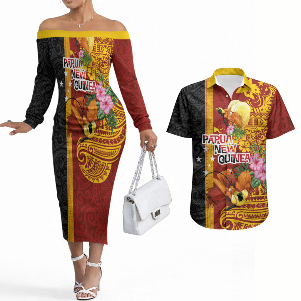 Papua New Guinea Independence Day Couples Matching Off The Shoulder Long Sleeve Dress and Hawaiian Shirt Birds-of-Paradise Melanesian Tattoos Tropical Plants LT03 Multicolor - Polynesian Pride