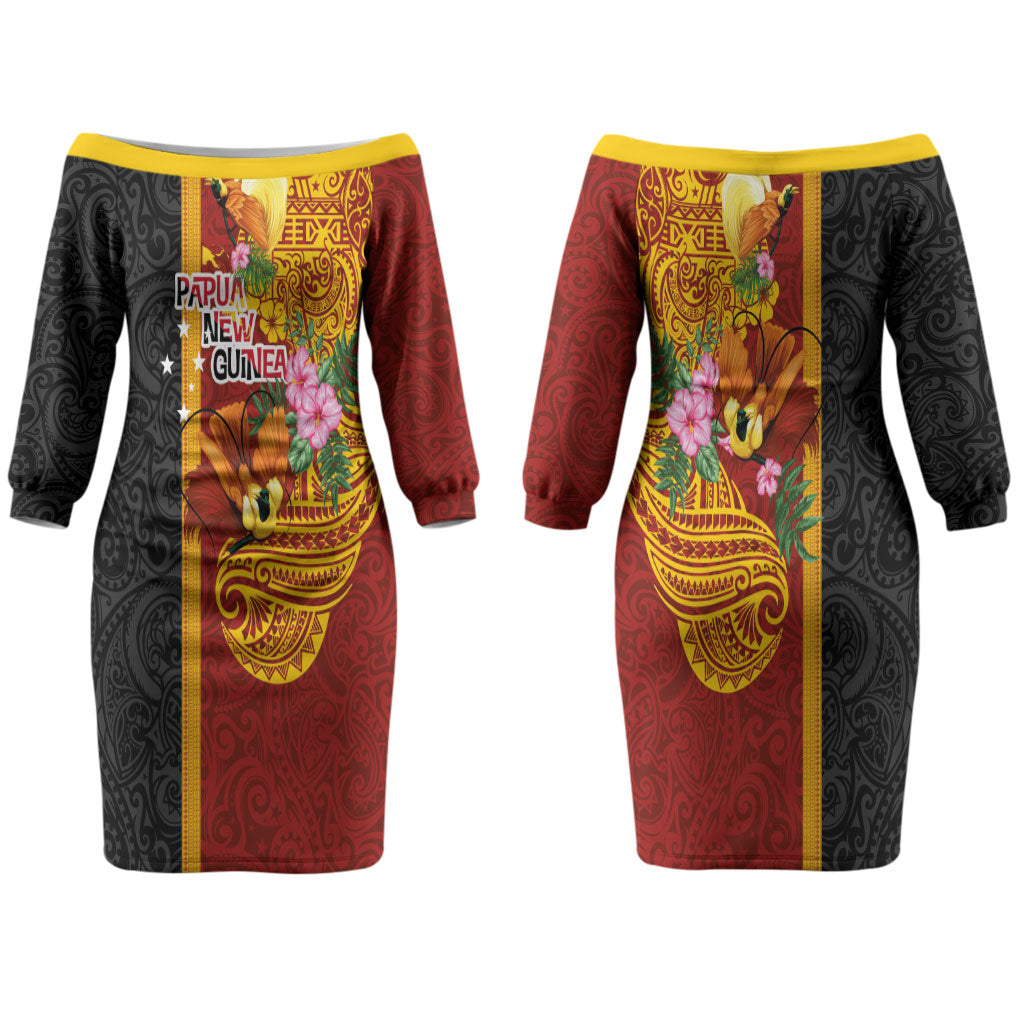 Papua New Guinea Independence Day Couples Matching Off The Shoulder Long Sleeve Dress and Hawaiian Shirt Birds-of-Paradise Melanesian Tattoos Tropical Plants LT03 - Polynesian Pride