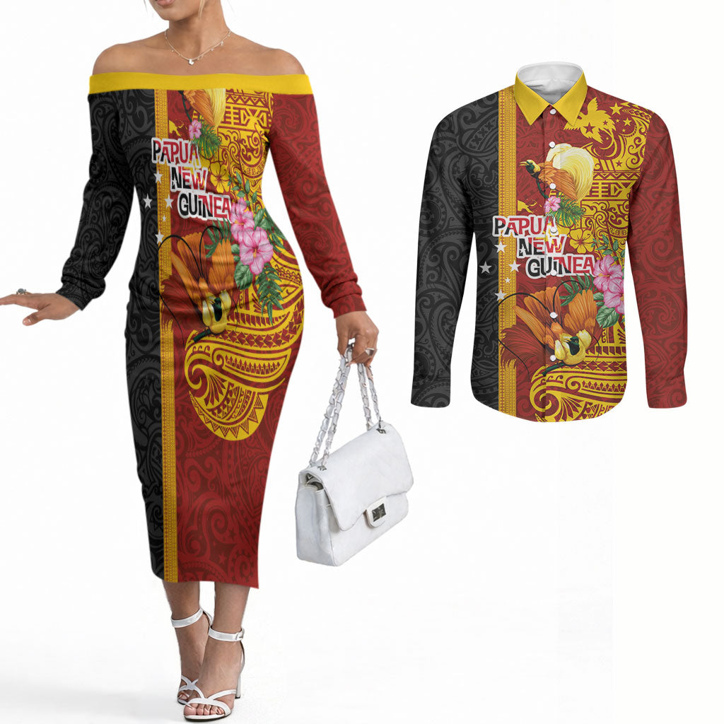 Papua New Guinea Independence Day Couples Matching Off The Shoulder Long Sleeve Dress and Long Sleeve Button Shirt Birds-of-Paradise Melanesian Tattoos Tropical Plants LT03 Multicolor - Polynesian Pride
