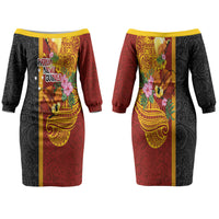 Papua New Guinea Independence Day Couples Matching Off The Shoulder Long Sleeve Dress and Long Sleeve Button Shirt Birds-of-Paradise Melanesian Tattoos Tropical Plants LT03 - Polynesian Pride