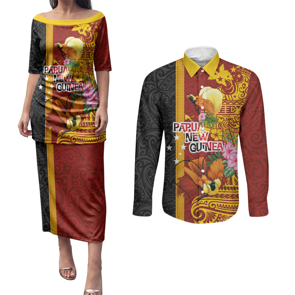 Papua New Guinea Independence Day Couples Matching Puletasi and Long Sleeve Button Shirt Birds-of-Paradise Melanesian Tattoos Tropical Plants LT03 Multicolor - Polynesian Pride