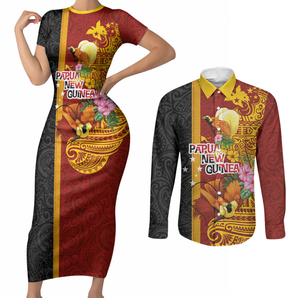 Papua New Guinea Independence Day Couples Matching Short Sleeve Bodycon Dress and Long Sleeve Button Shirt Birds-of-Paradise Melanesian Tattoos Tropical Plants LT03 Multicolor - Polynesian Pride