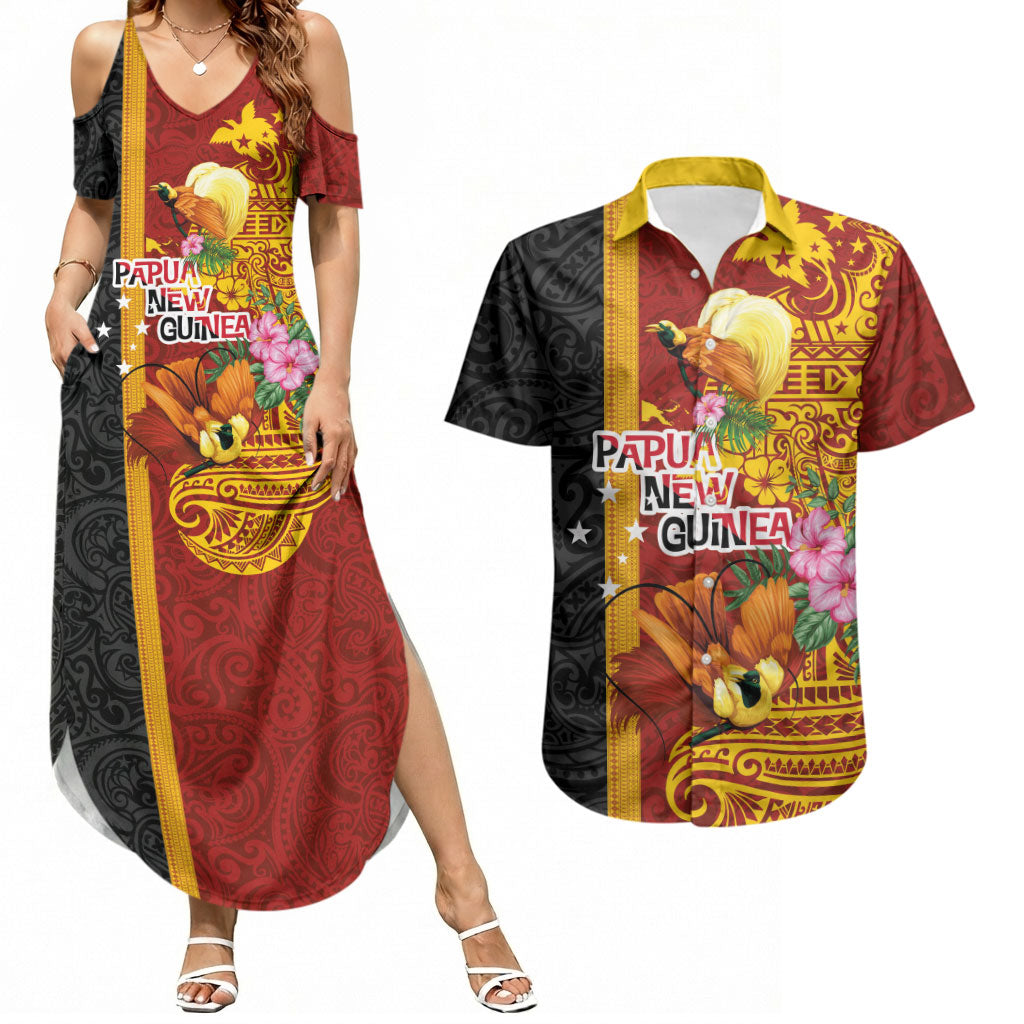 Papua New Guinea Independence Day Couples Matching Summer Maxi Dress and Hawaiian Shirt Birds-of-Paradise Melanesian Tattoos Tropical Plants LT03 Multicolor - Polynesian Pride
