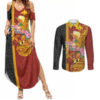 Papua New Guinea Independence Day Couples Matching Summer Maxi Dress and Long Sleeve Button Shirt Birds-of-Paradise Melanesian Tattoos Tropical Plants LT03 Multicolor - Polynesian Pride