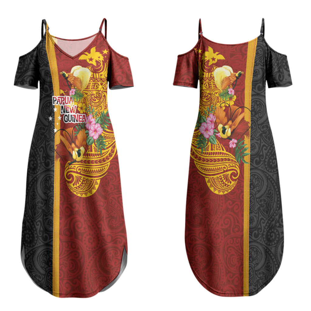 Papua New Guinea Independence Day Couples Matching Summer Maxi Dress and Long Sleeve Button Shirt Birds-of-Paradise Melanesian Tattoos Tropical Plants LT03 - Polynesian Pride