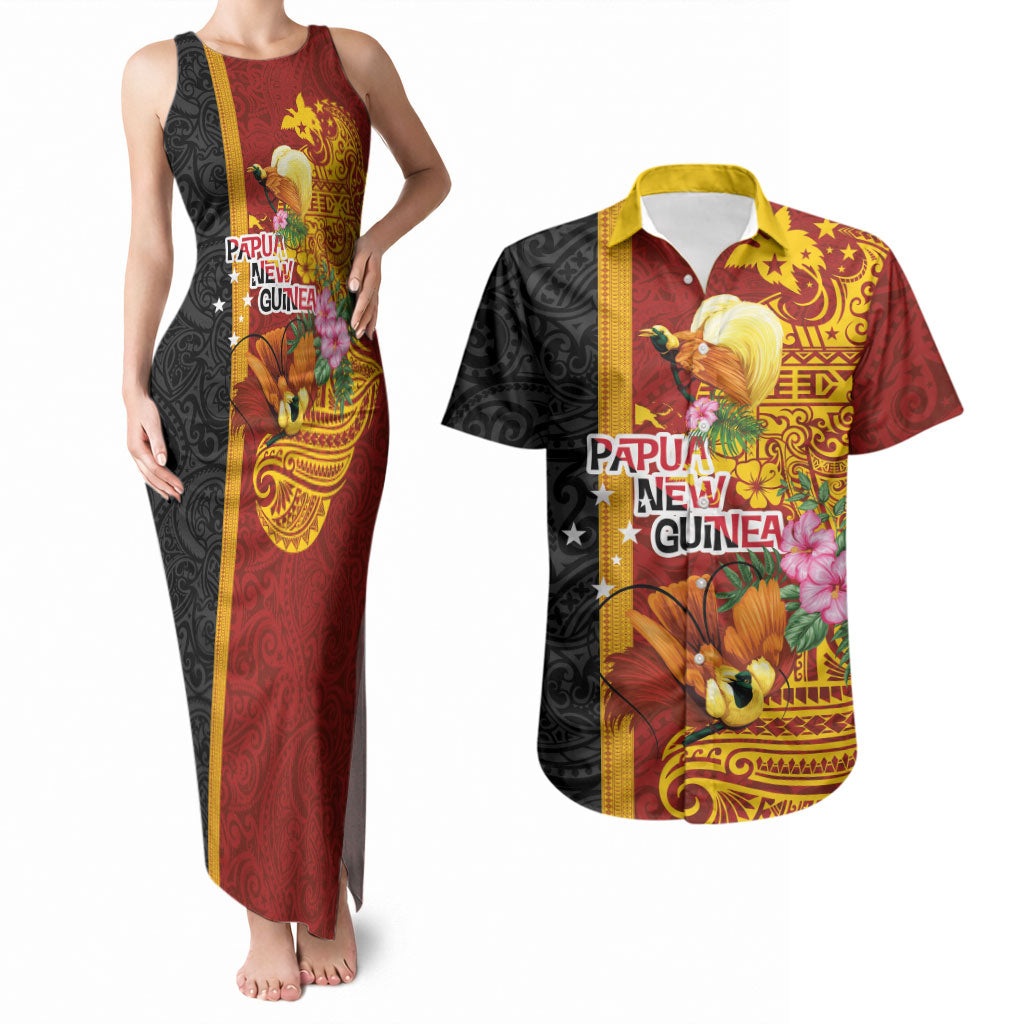 Papua New Guinea Independence Day Couples Matching Tank Maxi Dress and Hawaiian Shirt Birds-of-Paradise Melanesian Tattoos Tropical Plants LT03 Multicolor - Polynesian Pride