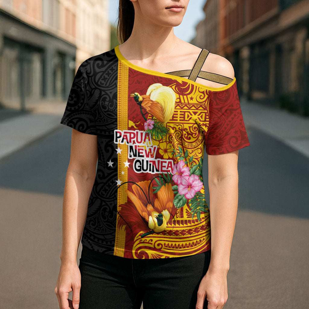 Papua New Guinea Independence Day Cross Shoulder Shirt Birds-of-Paradise Melanesian Tattoos Tropical Plants LT03 - Polynesian Pride