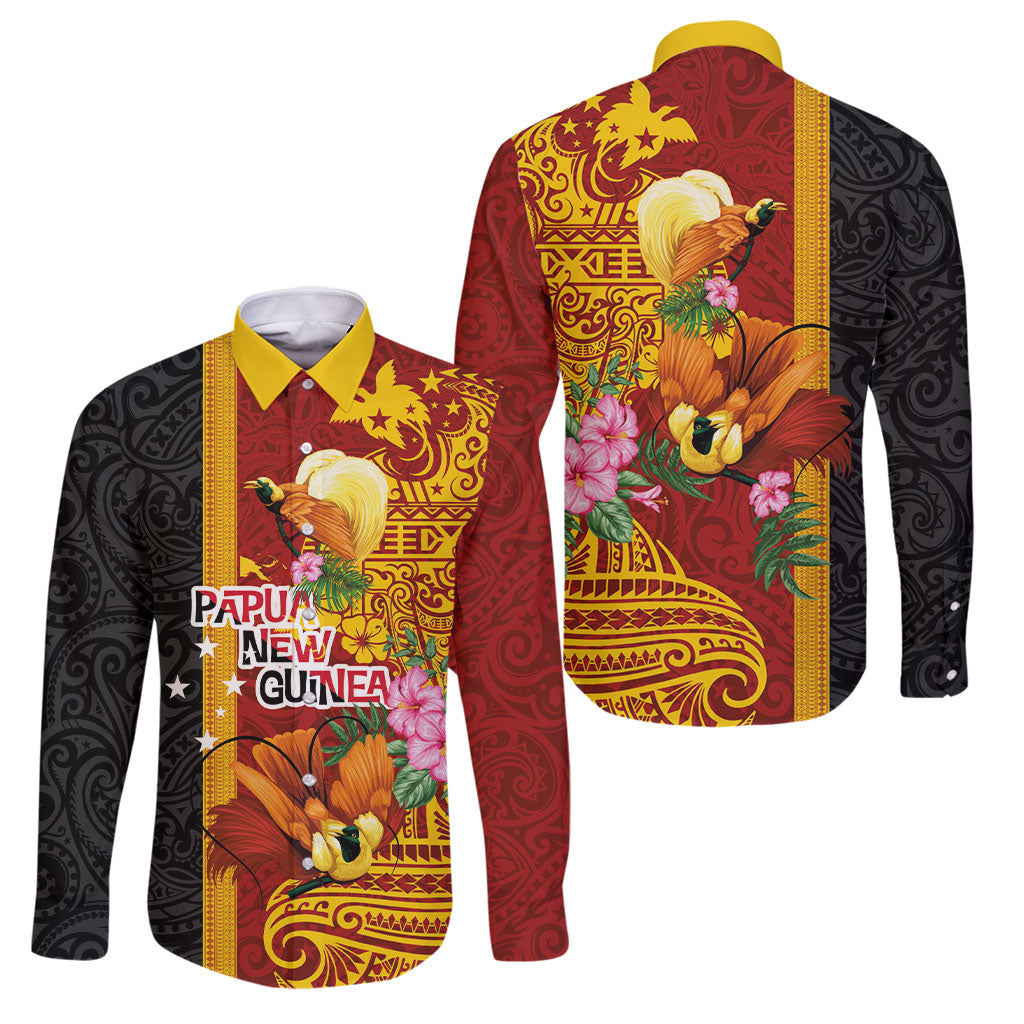 Papua New Guinea Independence Day Family Matching Off Shoulder Maxi Dress and Hawaiian Shirt Birds-of-Paradise Melanesian Tattoos Tropical Plants LT03 Dad's Shirt - Long Sleeve Multicolor - Polynesian Pride