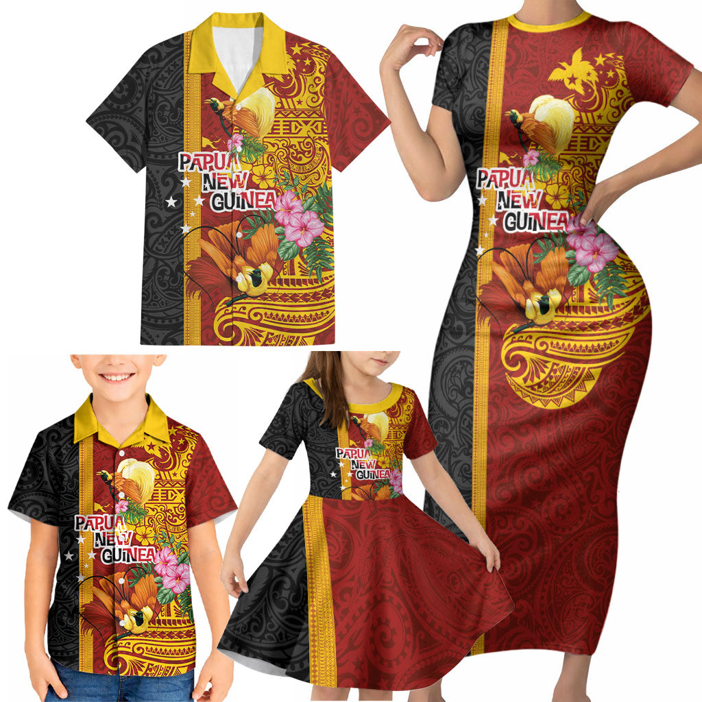 Papua New Guinea Independence Day Family Matching Short Sleeve Bodycon Dress and Hawaiian Shirt Birds-of-Paradise Melanesian Tattoos Tropical Plants LT03 - Polynesian Pride