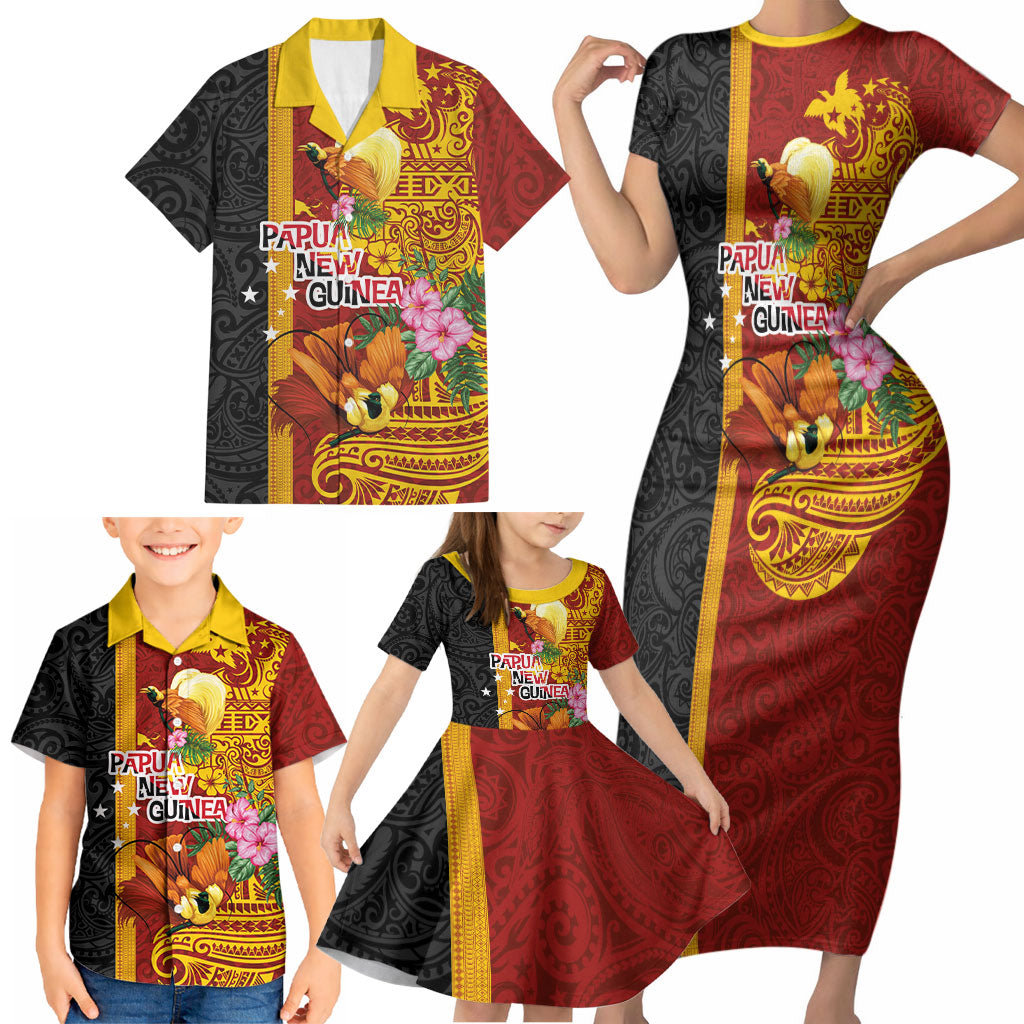 Papua New Guinea Independence Day Family Matching Short Sleeve Bodycon Dress and Hawaiian Shirt Birds-of-Paradise Melanesian Tattoos Tropical Plants LT03 - Polynesian Pride