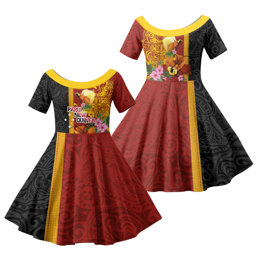 Papua New Guinea Independence Day Family Matching Short Sleeve Bodycon Dress and Hawaiian Shirt Birds-of-Paradise Melanesian Tattoos Tropical Plants LT03 Daughter's Dress Multicolor - Polynesian Pride