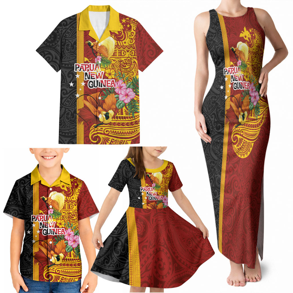 Papua New Guinea Independence Day Family Matching Tank Maxi Dress and Hawaiian Shirt Birds-of-Paradise Melanesian Tattoos Tropical Plants LT03 - Polynesian Pride