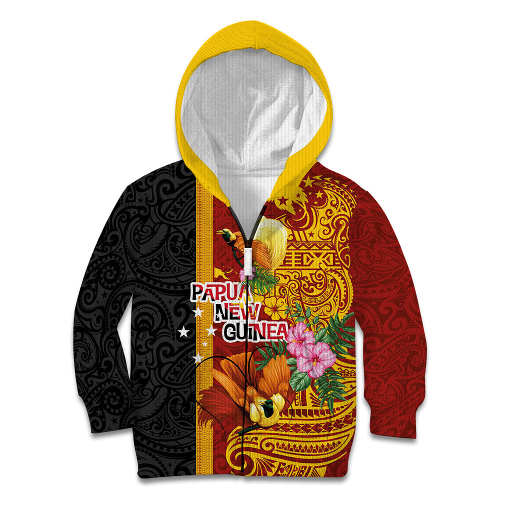 Papua New Guinea Independence Day Kid Hoodie Birds-of-Paradise Melanesian Tattoos Tropical Plants LT03 Zip Hoodie Multicolor - Polynesian Pride