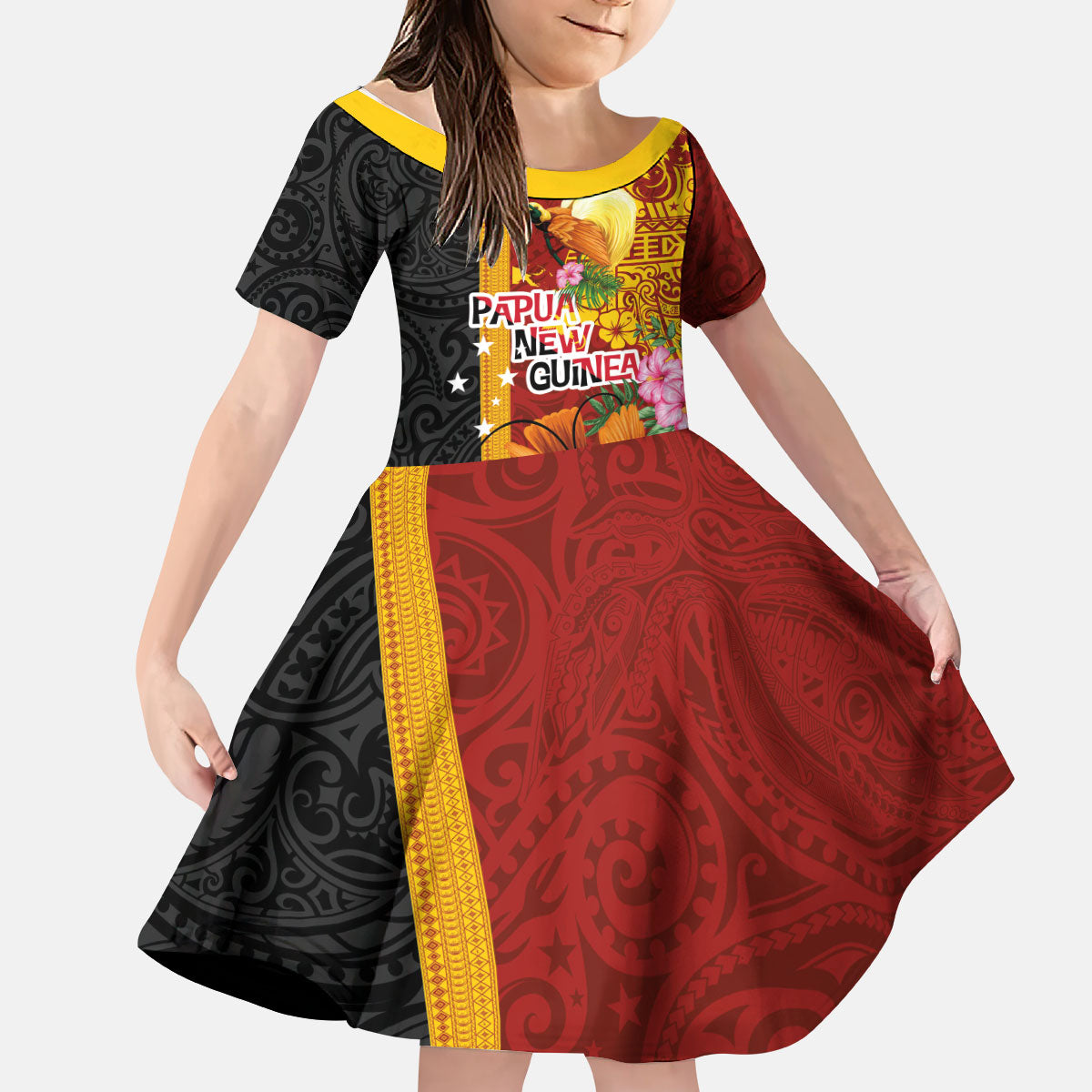 Papua New Guinea Independence Day Kid Short Sleeve Dress Birds-of-Paradise Melanesian Tattoos Tropical Plants LT03 KID Multicolor - Polynesian Pride