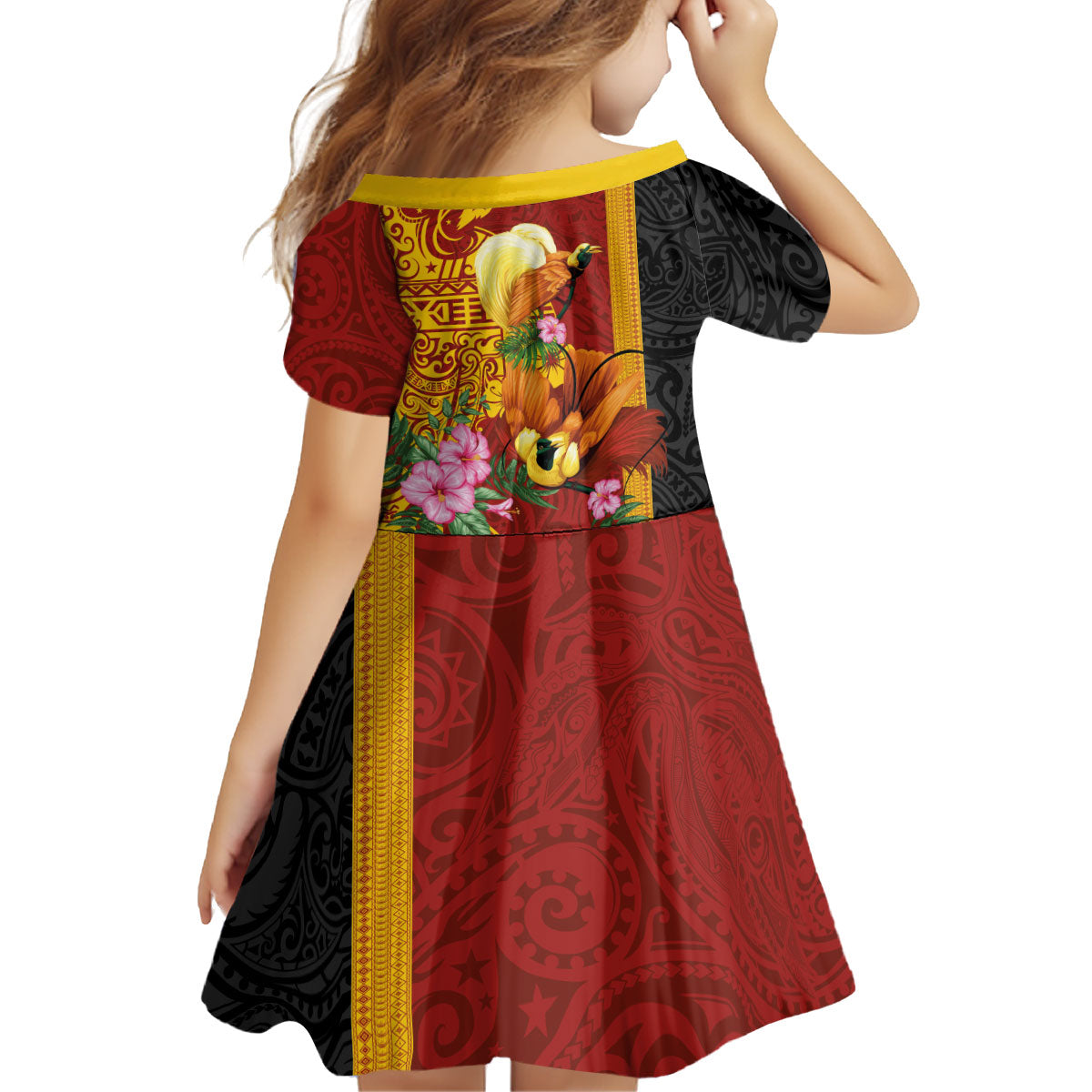 Papua New Guinea Independence Day Kid Short Sleeve Dress Birds-of-Paradise Melanesian Tattoos Tropical Plants LT03 - Polynesian Pride