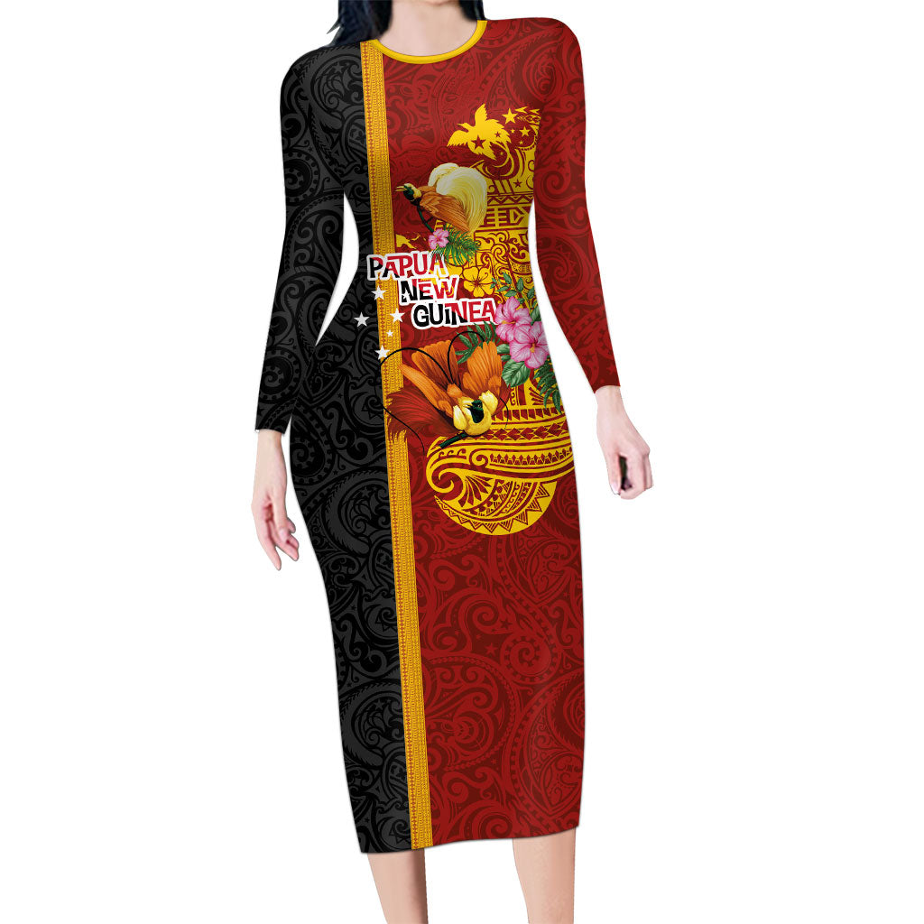 Papua New Guinea Independence Day Long Sleeve Bodycon Dress Birds-of-Paradise Melanesian Tattoos Tropical Plants LT03 Long Dress Multicolor - Polynesian Pride