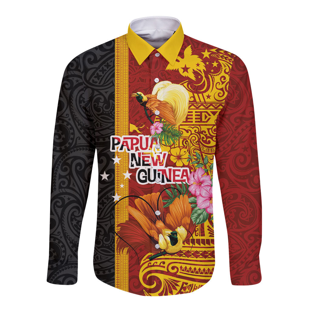 Papua New Guinea Independence Day Long Sleeve Button Shirt Birds-of-Paradise Melanesian Tattoos Tropical Plants LT03 Unisex Multicolor - Polynesian Pride