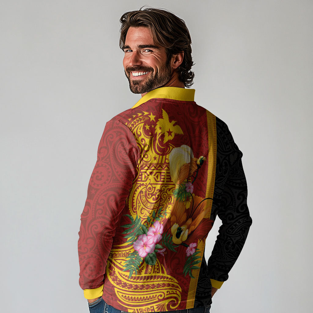Papua New Guinea Independence Day Long Sleeve Polo Shirt Birds-of-Paradise Melanesian Tattoos Tropical Plants LT03 - Polynesian Pride