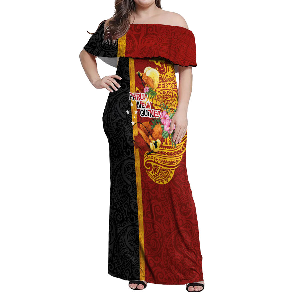 Papua New Guinea Independence Day Off Shoulder Maxi Dress Birds-of-Paradise Melanesian Tattoos Tropical Plants LT03 Women Multicolor - Polynesian Pride