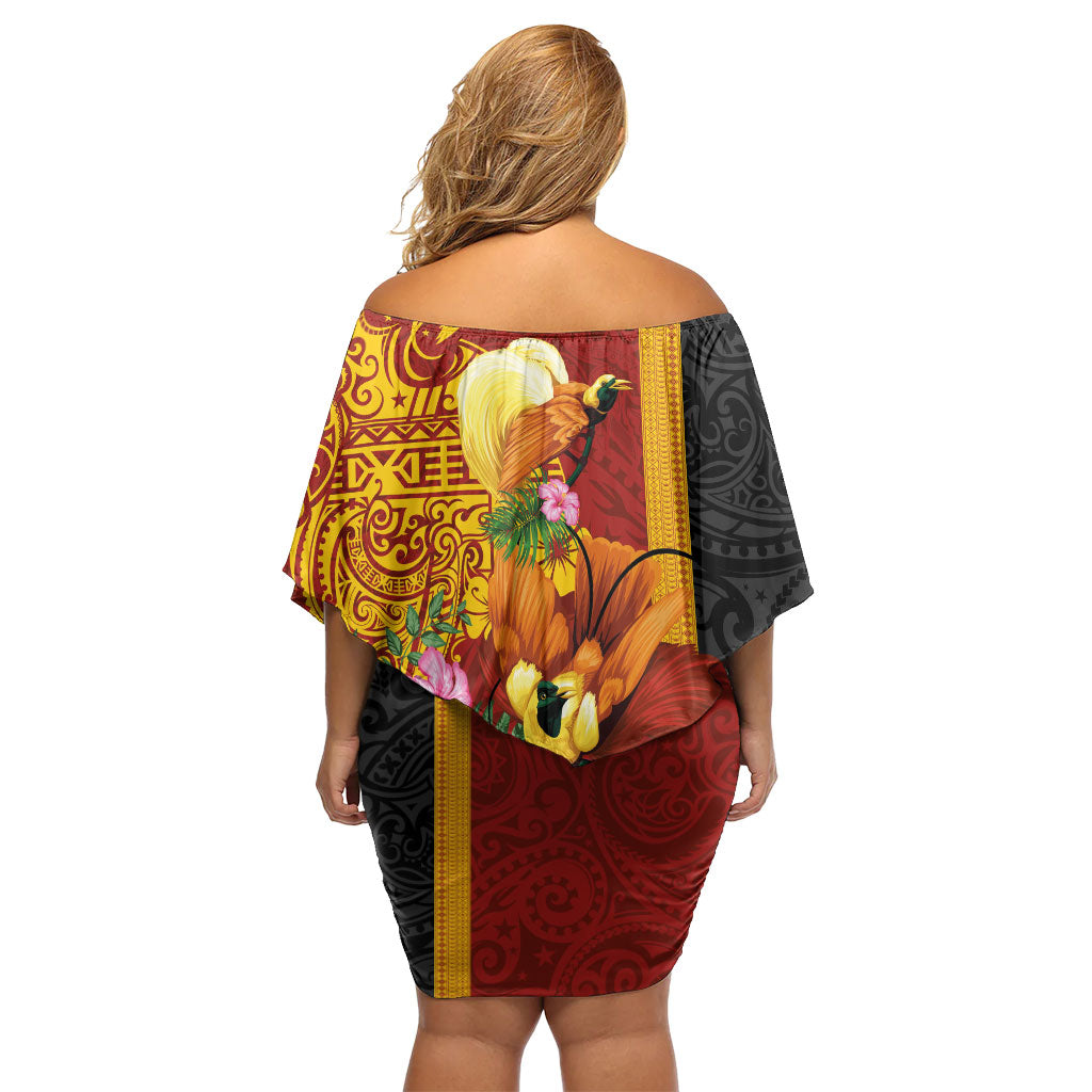 Papua New Guinea Independence Day Off Shoulder Short Dress Birds-of-Paradise Melanesian Tattoos Tropical Plants LT03 - Polynesian Pride