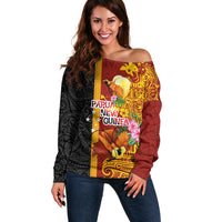 Papua New Guinea Independence Day Off Shoulder Sweater Birds-of-Paradise Melanesian Tattoos Tropical Plants LT03 Women Multicolor - Polynesian Pride