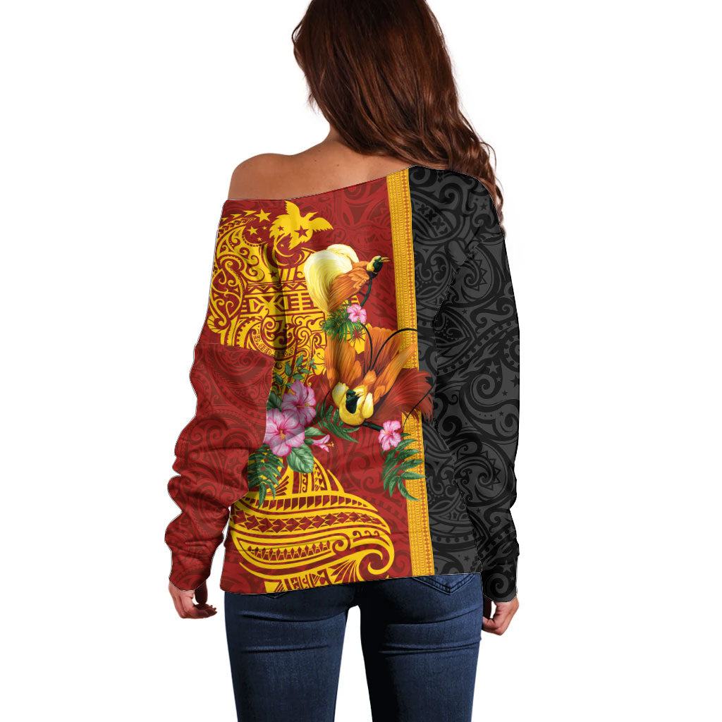Papua New Guinea Independence Day Off Shoulder Sweater Birds-of-Paradise Melanesian Tattoos Tropical Plants LT03 - Polynesian Pride