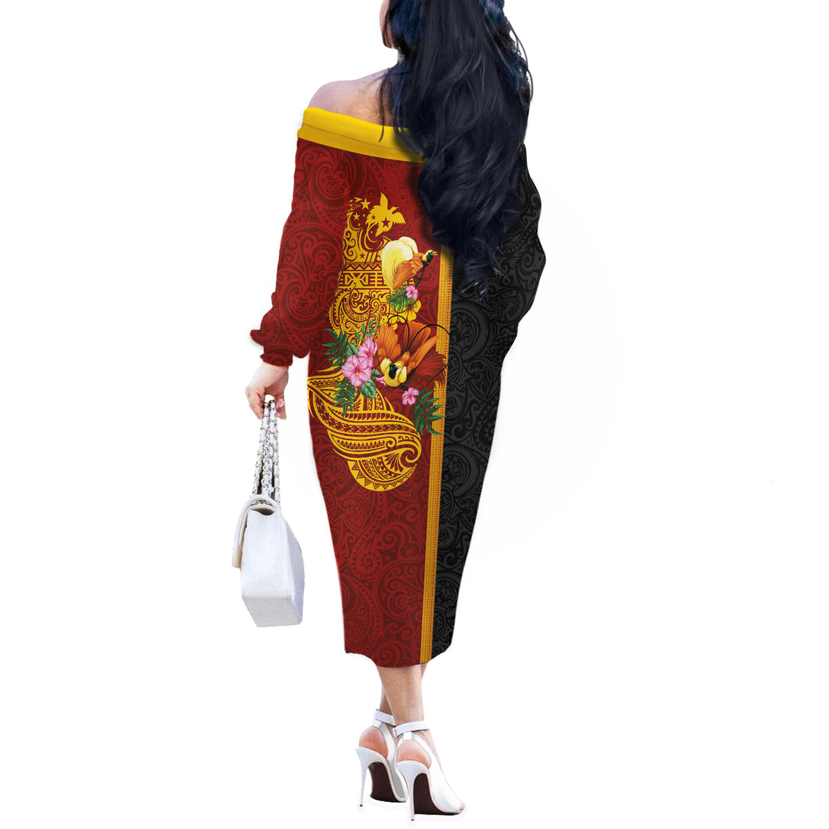 Papua New Guinea Independence Day Off The Shoulder Long Sleeve Dress Birds-of-Paradise Melanesian Tattoos Tropical Plants LT03 - Polynesian Pride