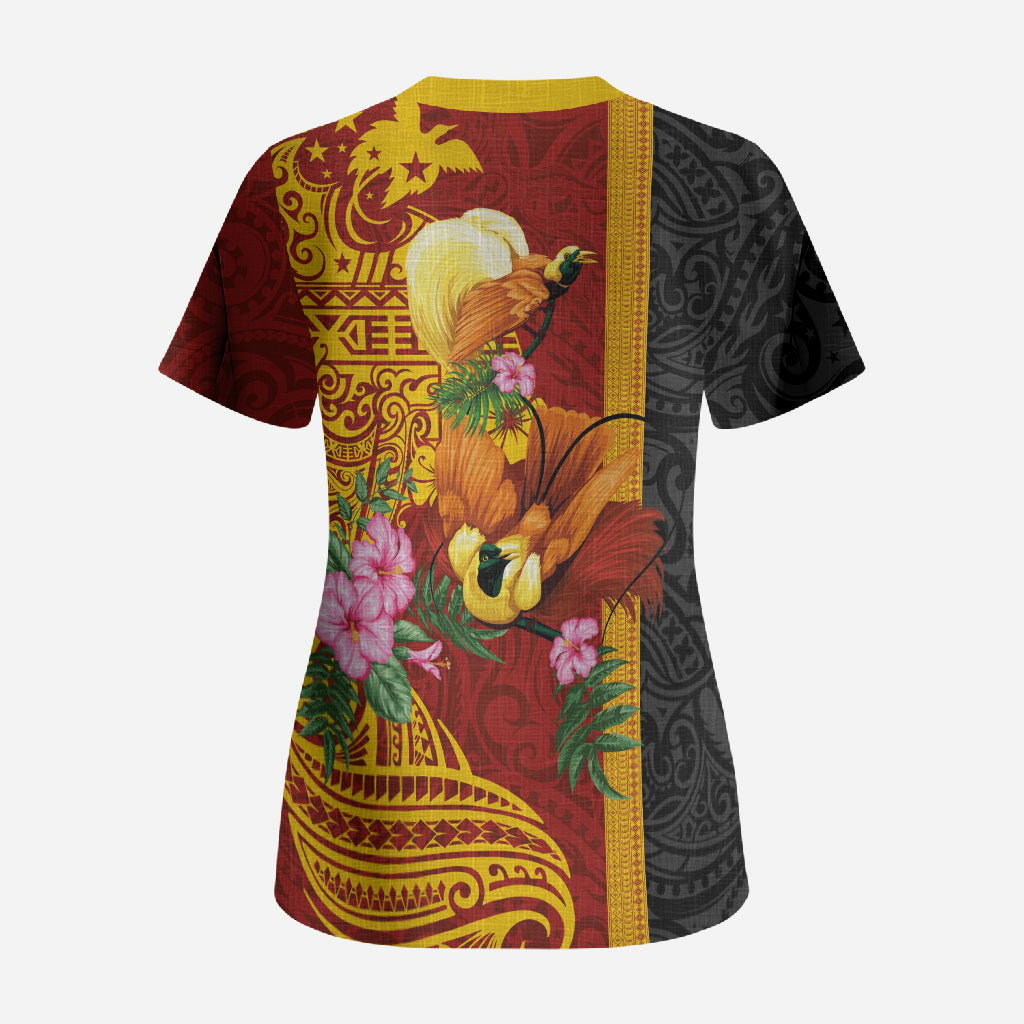 Papua New Guinea Independence Day Scrub Top Birds-of-Paradise Melanesian Tattoos Tropical Plants LT03 - Polynesian Pride