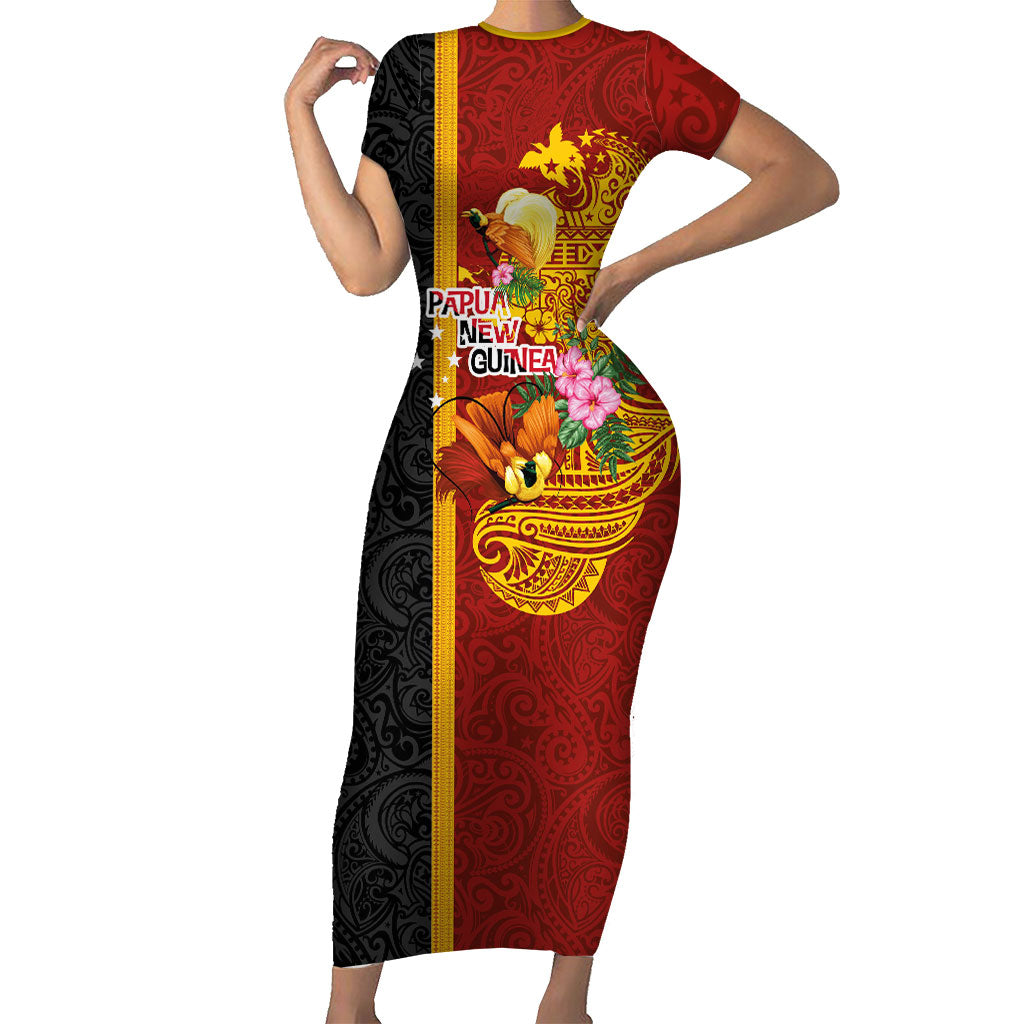 Papua New Guinea Independence Day Short Sleeve Bodycon Dress Birds-of-Paradise Melanesian Tattoos Tropical Plants LT03 Long Dress Multicolor - Polynesian Pride