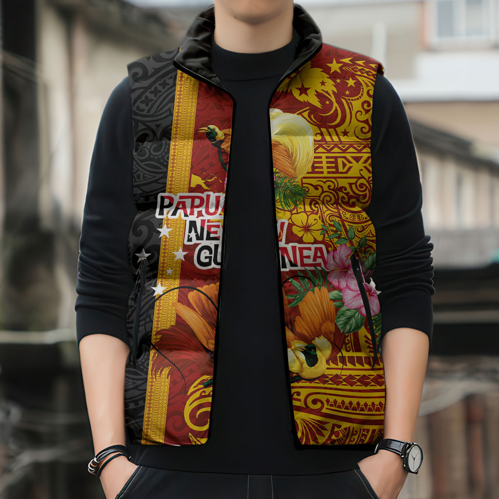 Papua New Guinea Independence Day Sleeveless Puffer Jacket Birds-of-Paradise Melanesian Tattoos Tropical Plants LT03 - Polynesian Pride