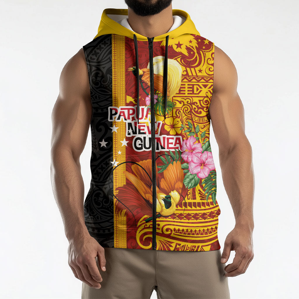 Papua New Guinea Independence Day Sleeveless Zip Hoodie Birds-of-Paradise Melanesian Tattoos Tropical Plants LT03 - Polynesian Pride
