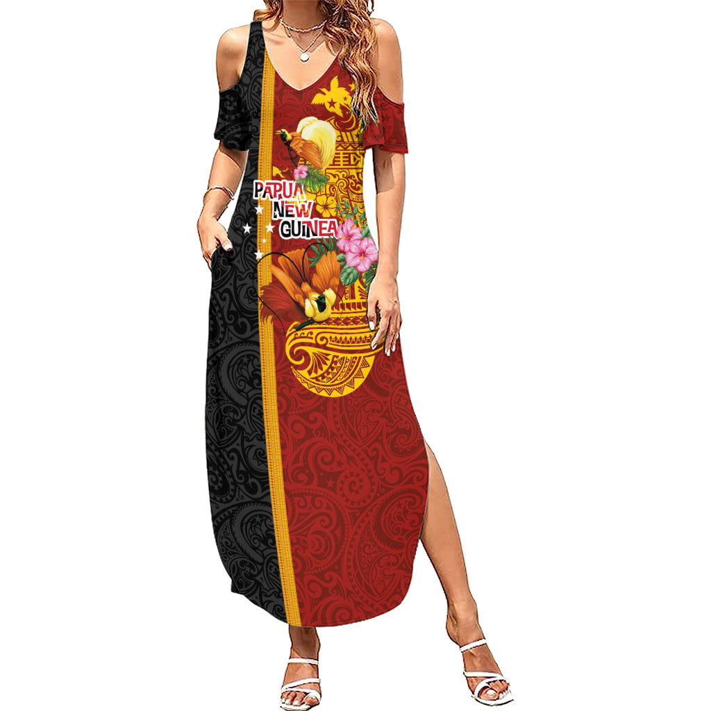 Papua New Guinea Independence Day Summer Maxi Dress Birds-of-Paradise Melanesian Tattoos Tropical Plants LT03 Women Multicolor - Polynesian Pride