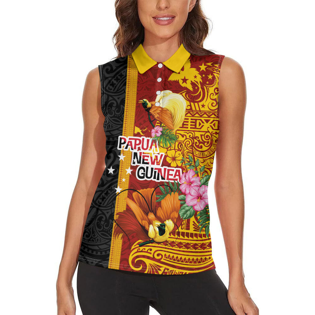 Papua New Guinea Independence Day Women Sleeveless Polo Shirt Birds-of-Paradise Melanesian Tattoos Tropical Plants LT03 - Polynesian Pride