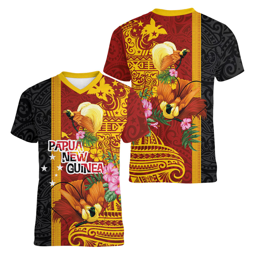 Papua New Guinea Independence Day Women V-Neck T-Shirt Birds-of-Paradise Melanesian Tattoos Tropical Plants LT03 - Polynesian Pride