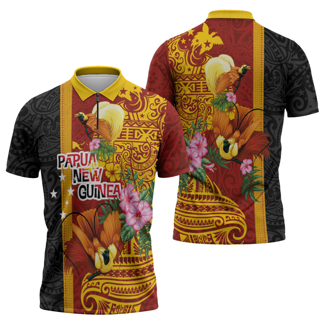 Papua New Guinea Independence Day Zipper Polo Shirt Birds-of-Paradise Melanesian Tattoos Tropical Plants LT03 - Polynesian Pride