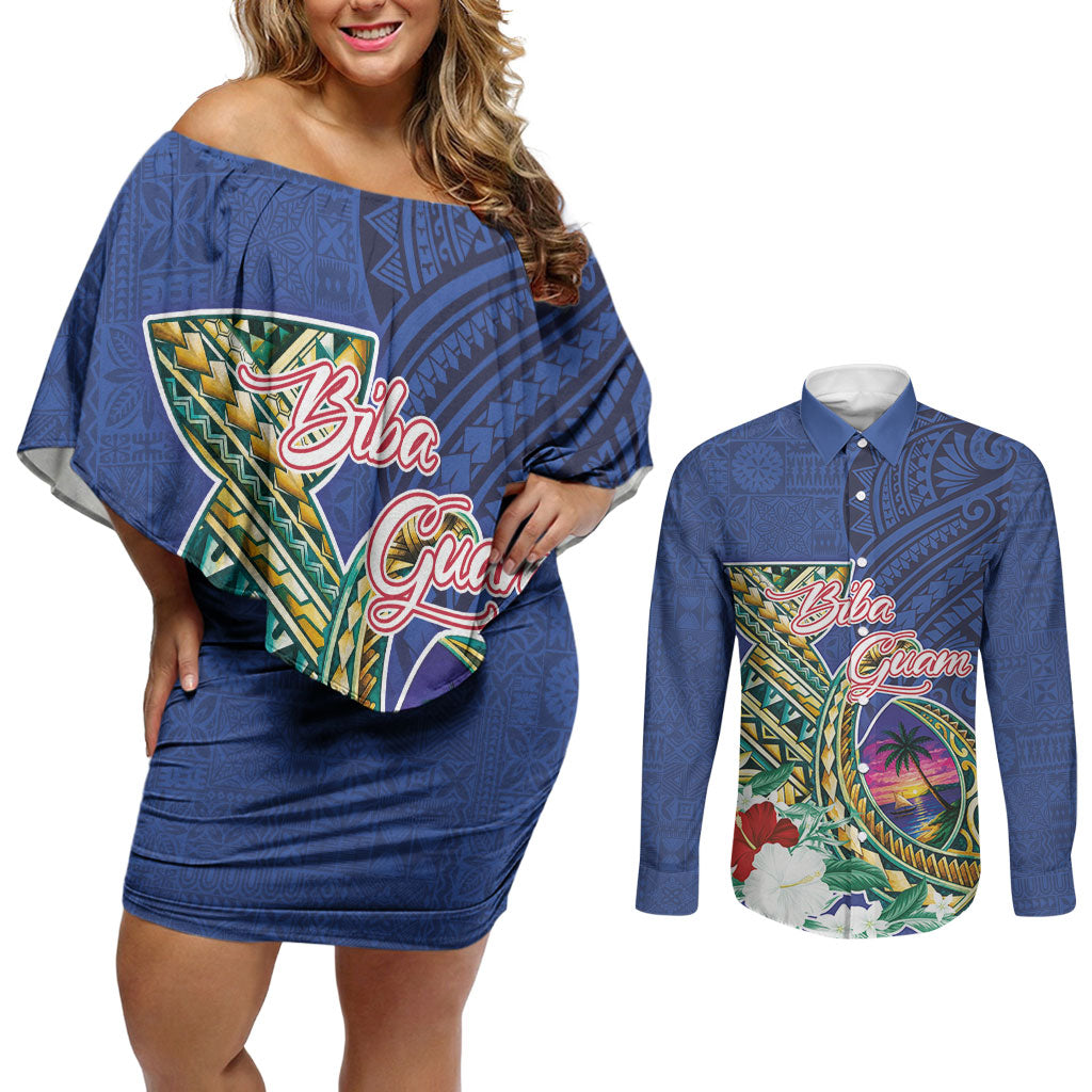 Guam Chamorro Couples Matching Off Shoulder Short Dress and Long Sleeve Button Shirt Tribal Latte Stone and Seal Artwork Polynesian Patterns LT03 Multicolor - Polynesian Pride