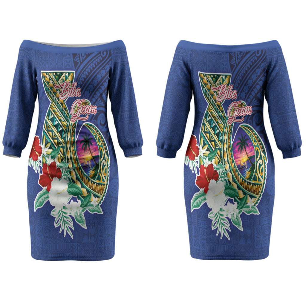 Guam Chamorro Couples Matching Off The Shoulder Long Sleeve Dress and Hawaiian Shirt Tribal Latte Stone and Seal Artwork Polynesian Patterns LT03 - Polynesian Pride