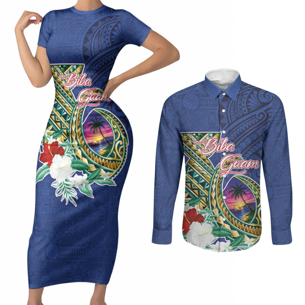 Guam Chamorro Couples Matching Short Sleeve Bodycon Dress and Long Sleeve Button Shirt Tribal Latte Stone and Seal Artwork Polynesian Patterns LT03 Multicolor - Polynesian Pride