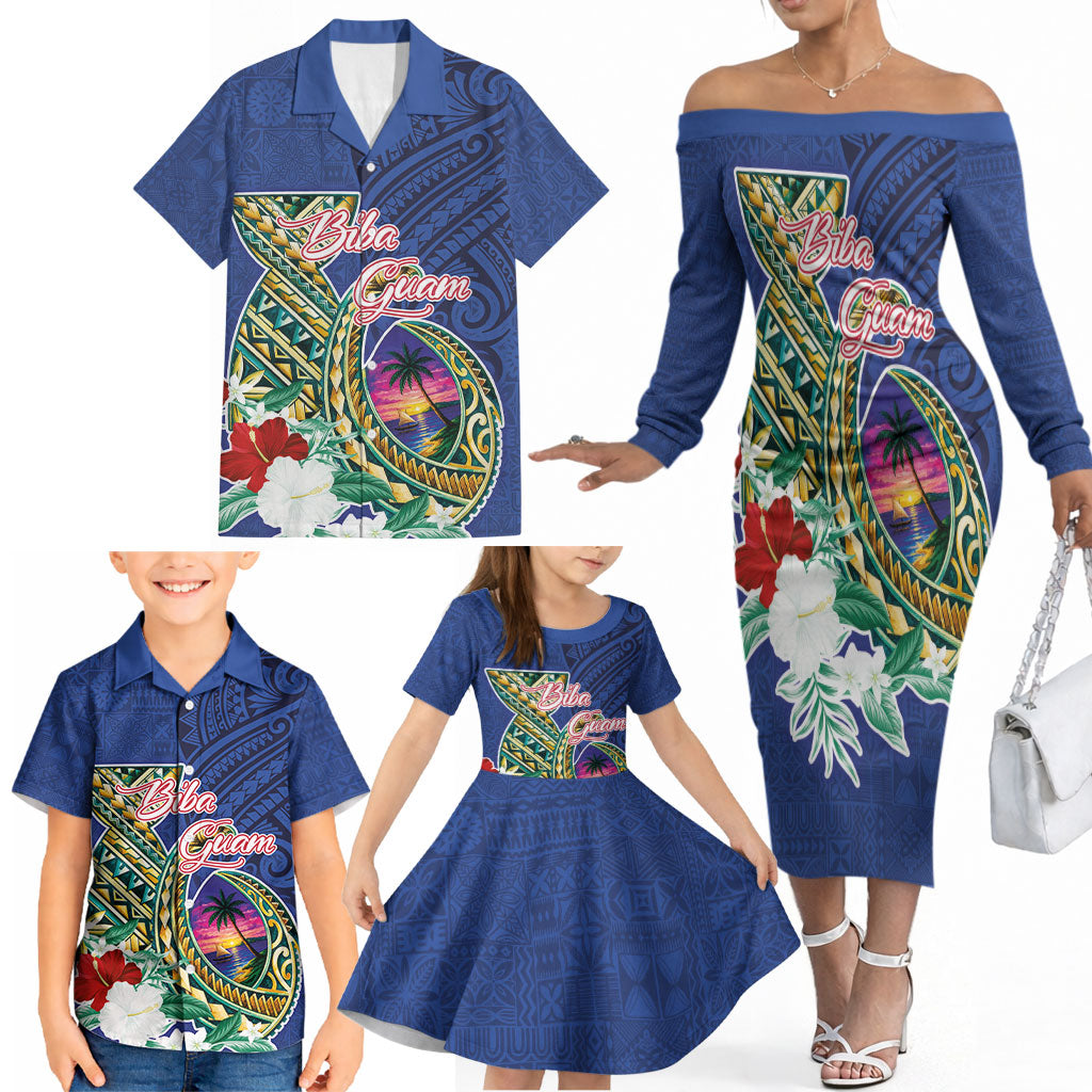 Guam Chamorro Family Matching Off The Shoulder Long Sleeve Dress and Hawaiian Shirt Tribal Latte Stone and Seal Artwork Polynesian Patterns LT03 - Polynesian Pride