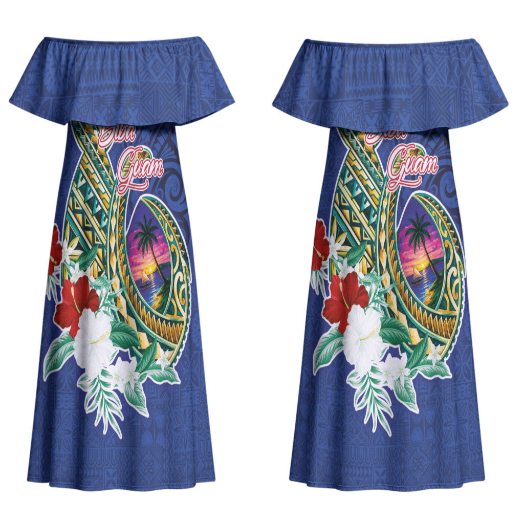 Guam Chamorro Family Matching Off Shoulder Maxi Dress and Hawaiian Shirt Tribal Latte Stone and Seal Artwork Polynesian Patterns LT03 Mom's Dress Multicolor - Polynesian Pride