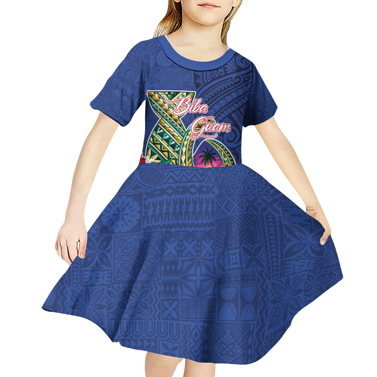 Guam Chamorro Kid Short Sleeve Dress Tribal Latte Stone and Seal Artwork Polynesian Patterns LT03 - Polynesian Pride