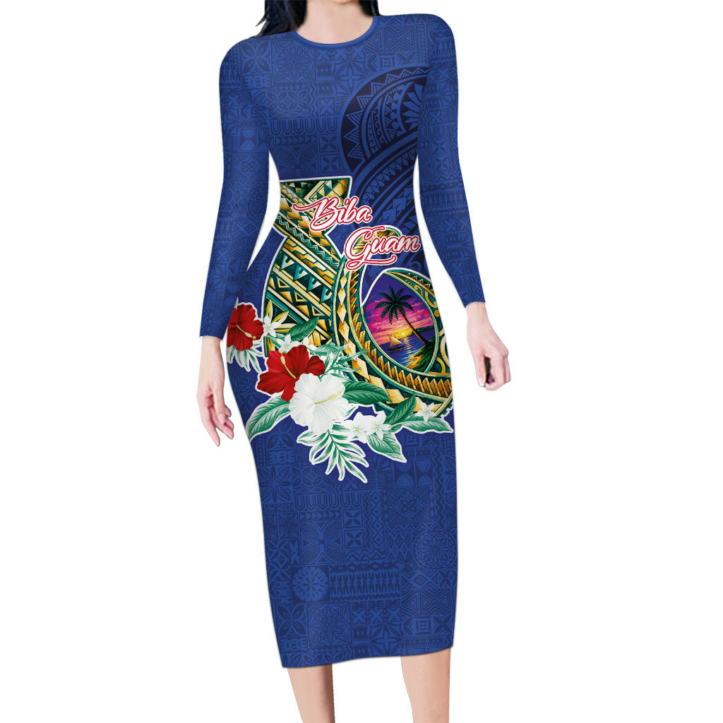 Guam Chamorro Long Sleeve Bodycon Dress Tribal Latte Stone and Seal Artwork Polynesian Patterns LT03 Long Dress Multicolor - Polynesian Pride