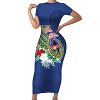 Guam Chamorro Short Sleeve Bodycon Dress Tribal Latte Stone and Seal Artwork Polynesian Patterns LT03 Long Dress Multicolor - Polynesian Pride