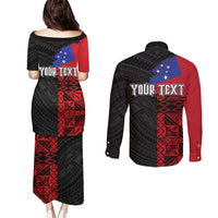 Personalised Samoa 685 Couples Matching Puletasi and Long Sleeve Button Shirt Siapo Pattern and Samoa Flag Design