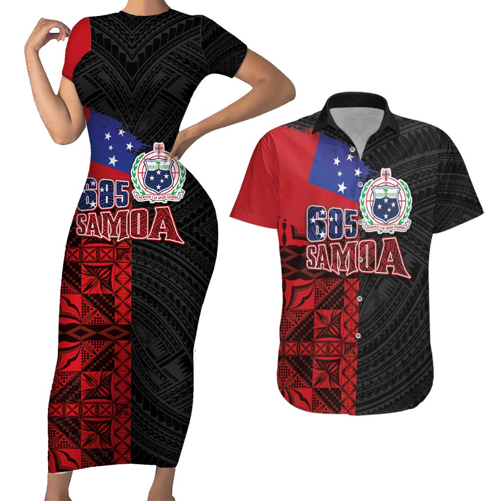 Personalised Samoa 685 Couples Matching Short Sleeve Bodycon Dress and Hawaiian Shirt Siapo Pattern and Samoa Flag Design