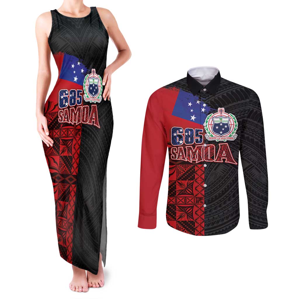 Personalised Samoa 685 Couples Matching Tank Maxi Dress and Long Sleeve Button Shirt Siapo Pattern and Samoa Flag Design
