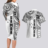 Samoa 685 Art Traditional Tattoo Pattern Couples Matching Long Sleeve Bodycon Dress and Hawaiian Shirt White Color