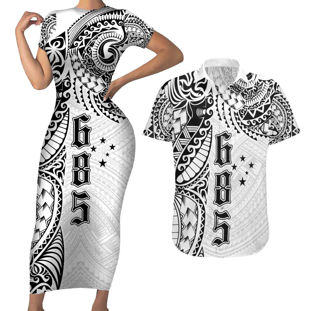 Samoa 685 Art Traditional Tattoo Pattern Couples Matching Short Sleeve Bodycon Dress and Hawaiian Shirt White Color