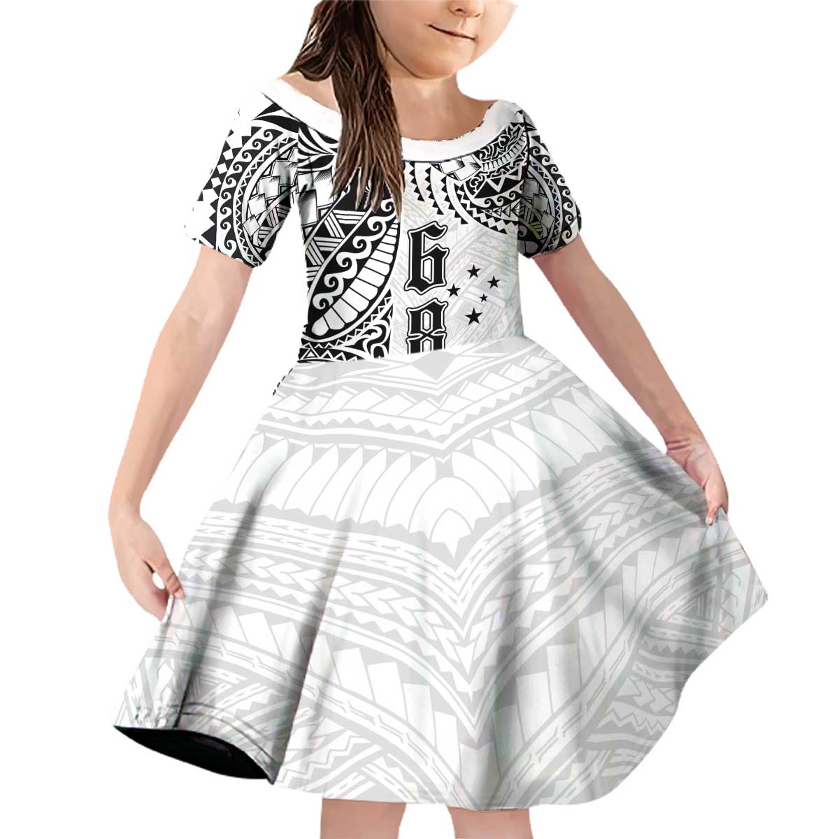 Samoa 685 Art Traditional Tattoo Pattern Family Matching Off Shoulder Short Dress and Hawaiian Shirt White Color